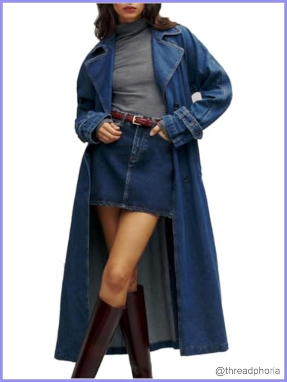 Denim Trench Coat Double Breasted Belted Midi Overcoat